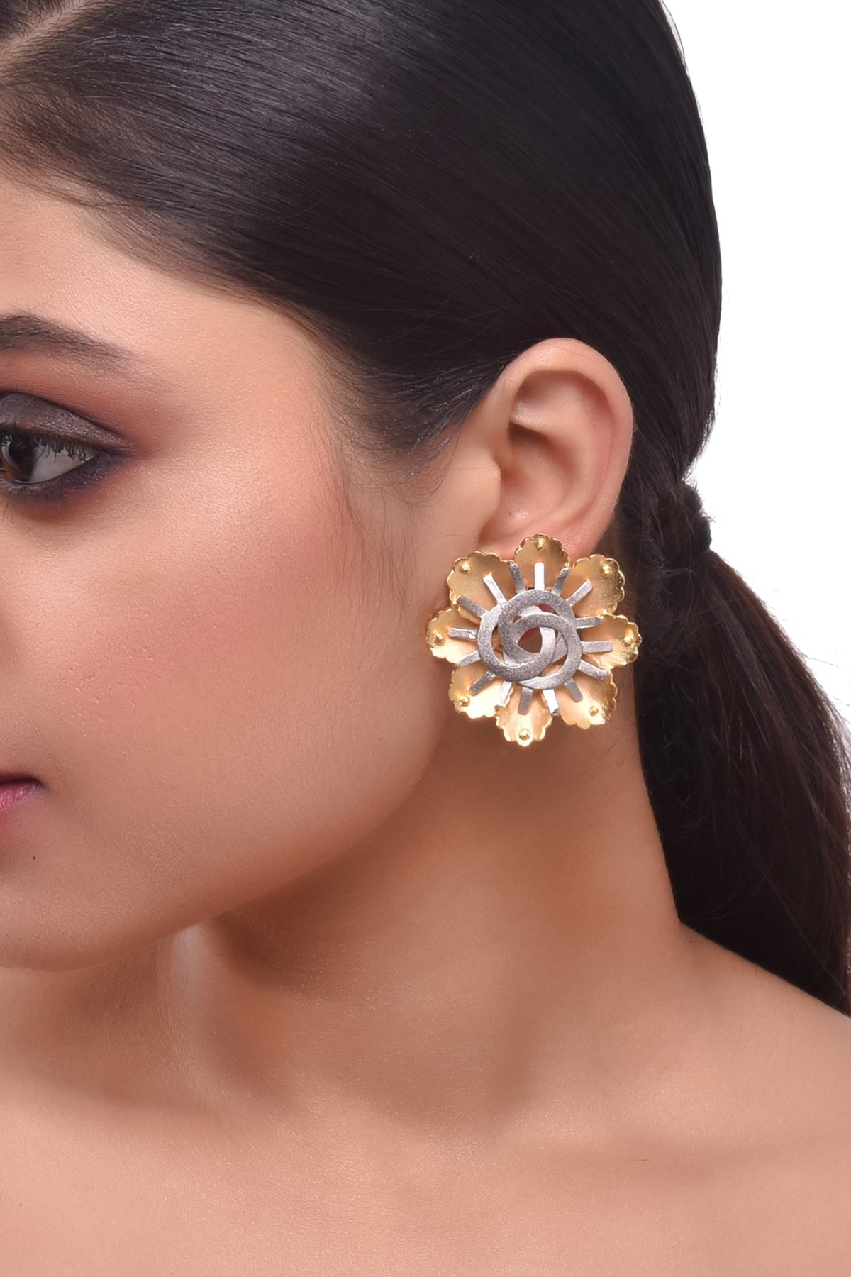 Floral Two Tone Stud Earrings 