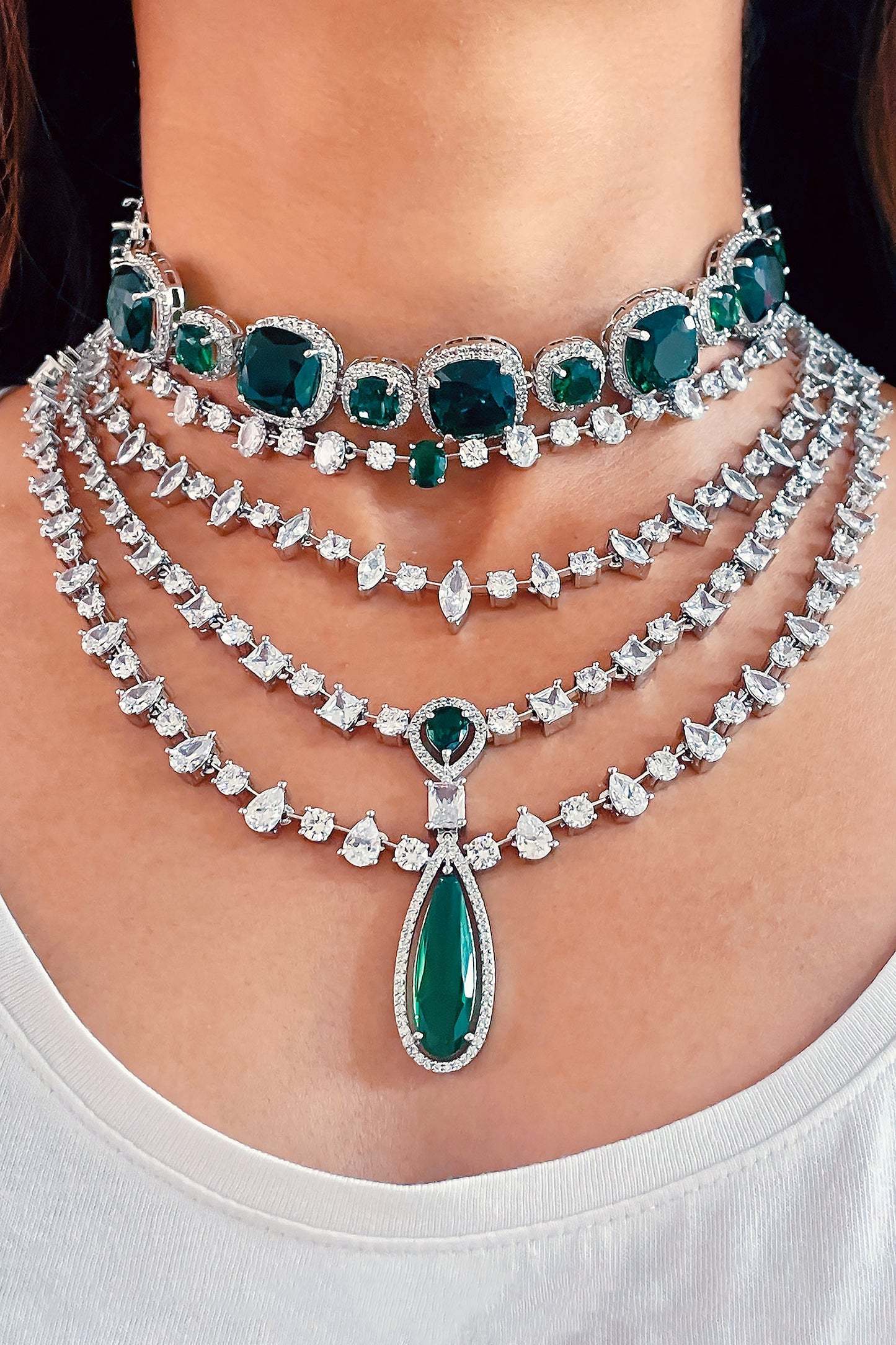 Alisa Sage Diamond Emerald Embellished Layered Necklace Set 