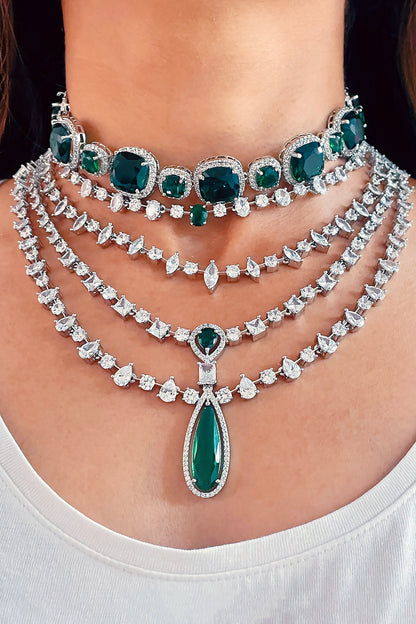Alisa Sage Diamond Emerald Embellished Layered Necklace Set 