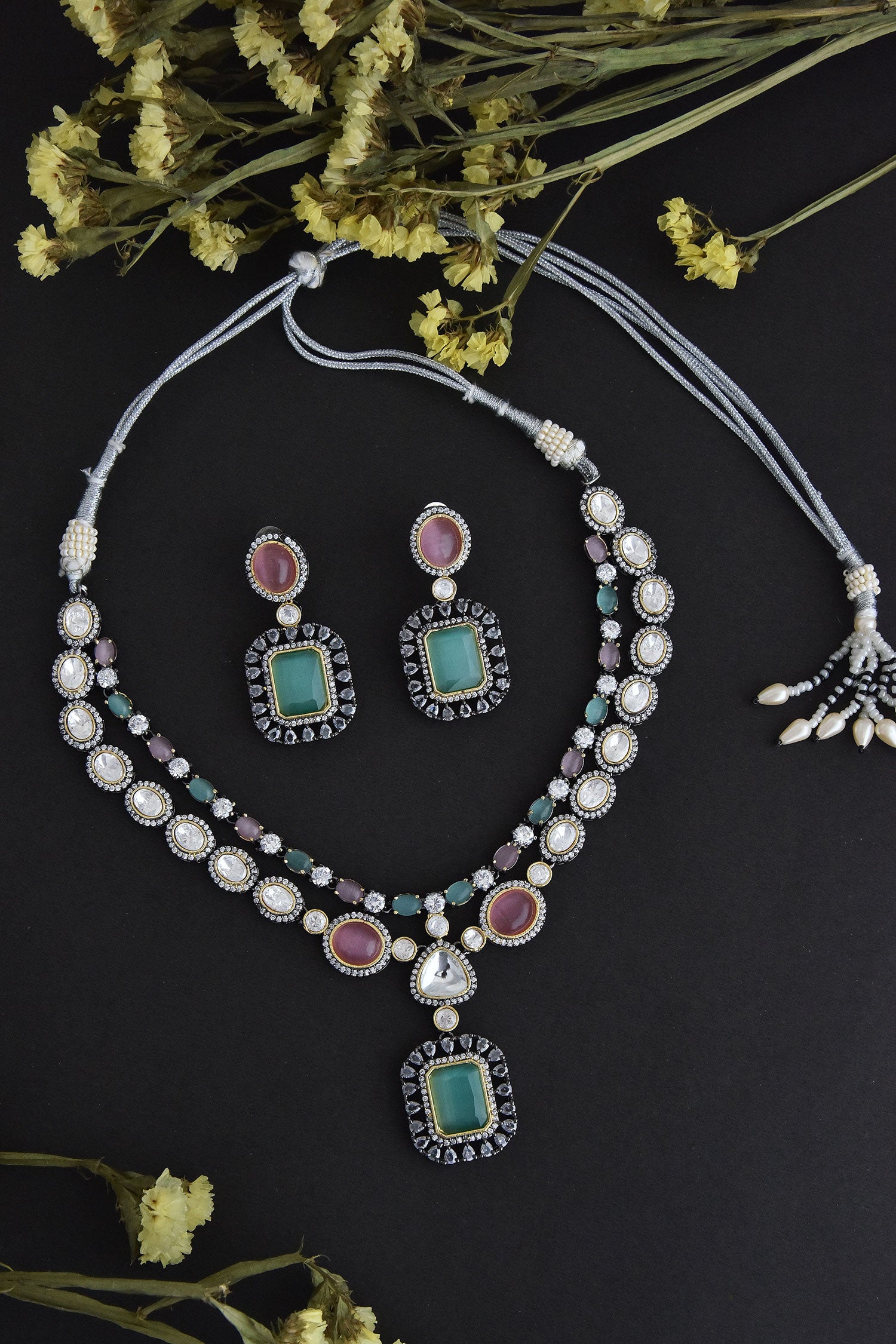 Square Polki Embellished Necklace Set 