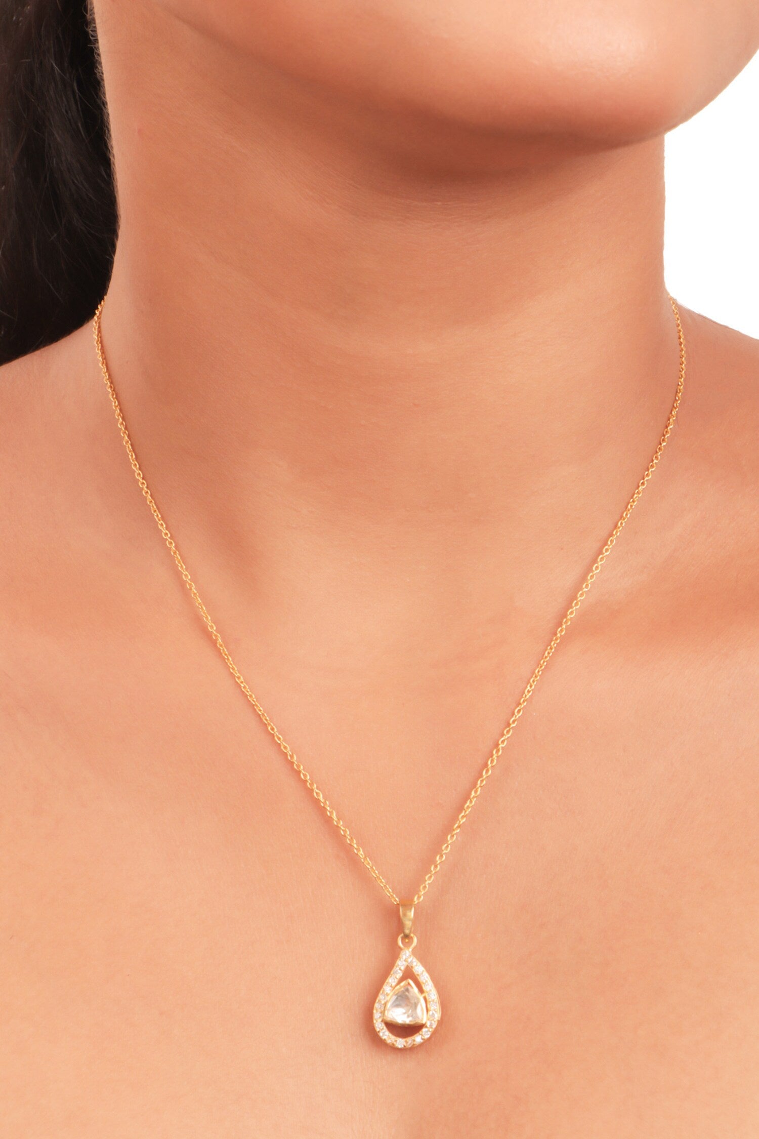 Moissanite Polki Embellished Raindrop Pendant Necklace 