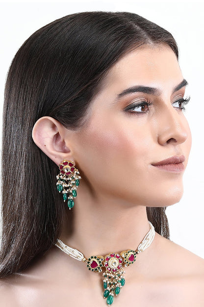 Stone Embellished Pendant Choker Set 