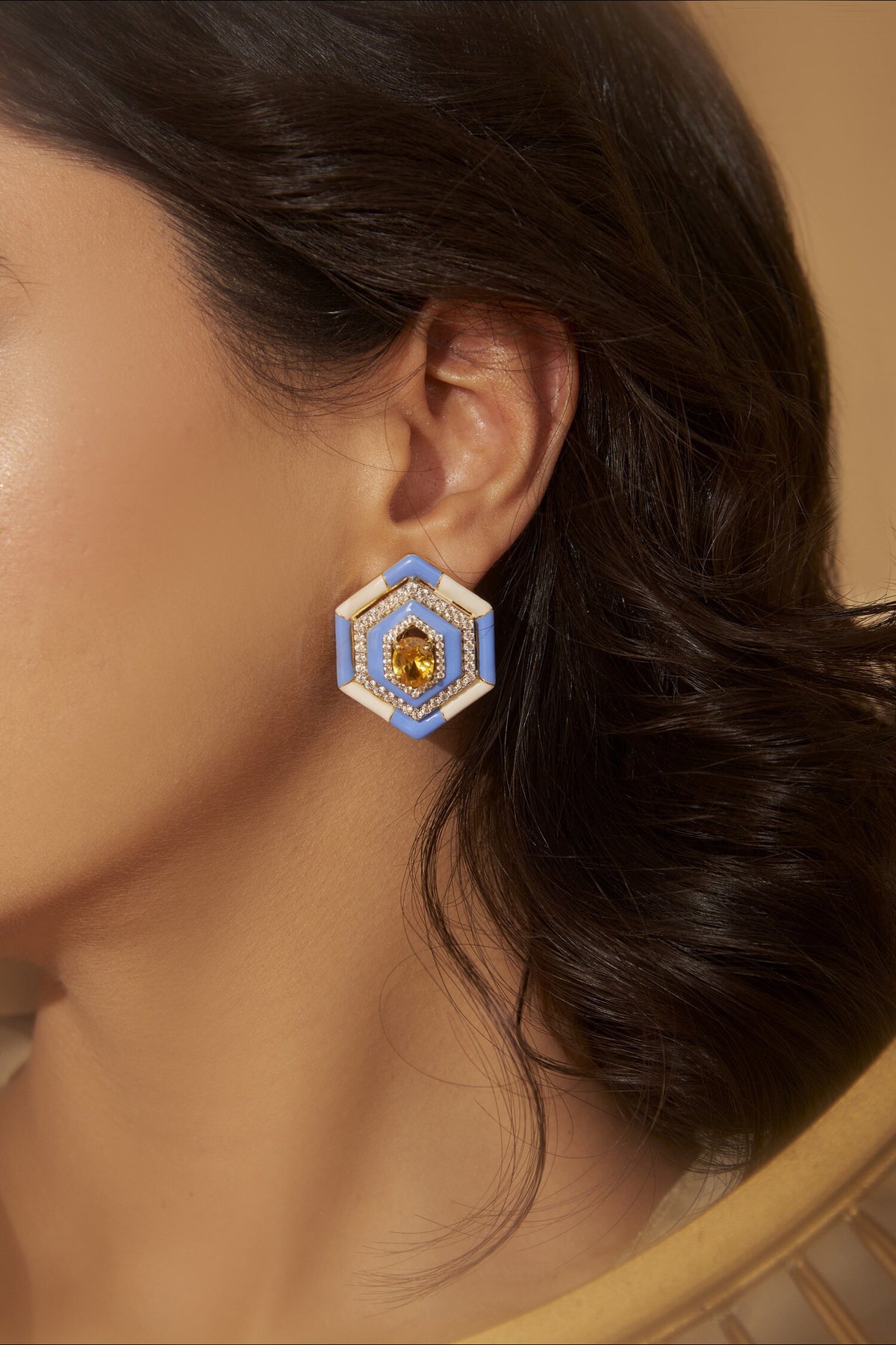 Hexagon Color Block Enameled Earrings 