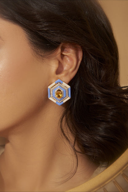 Hexagon Color Block Enameled Earrings 