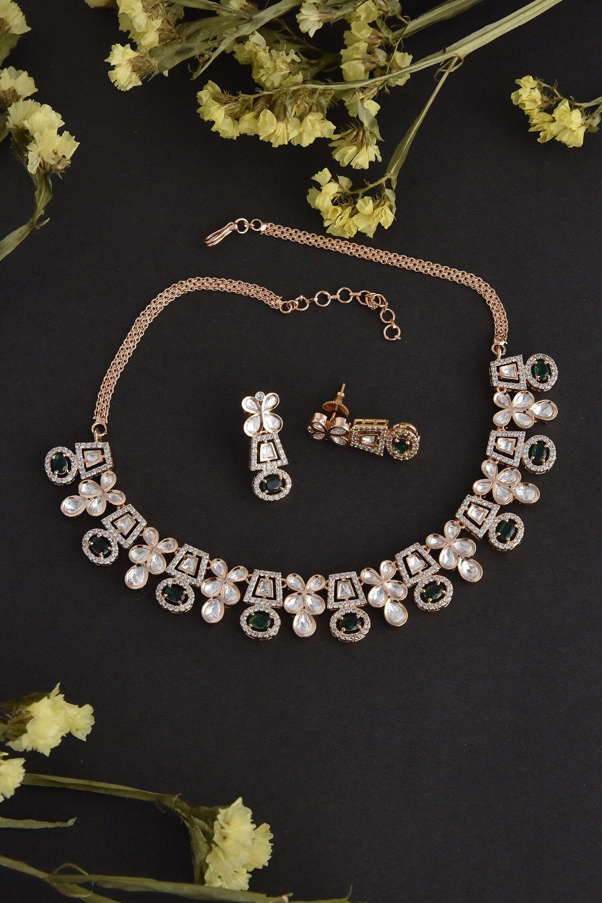 Uncut Polki Embellished Floral Necklace Set 