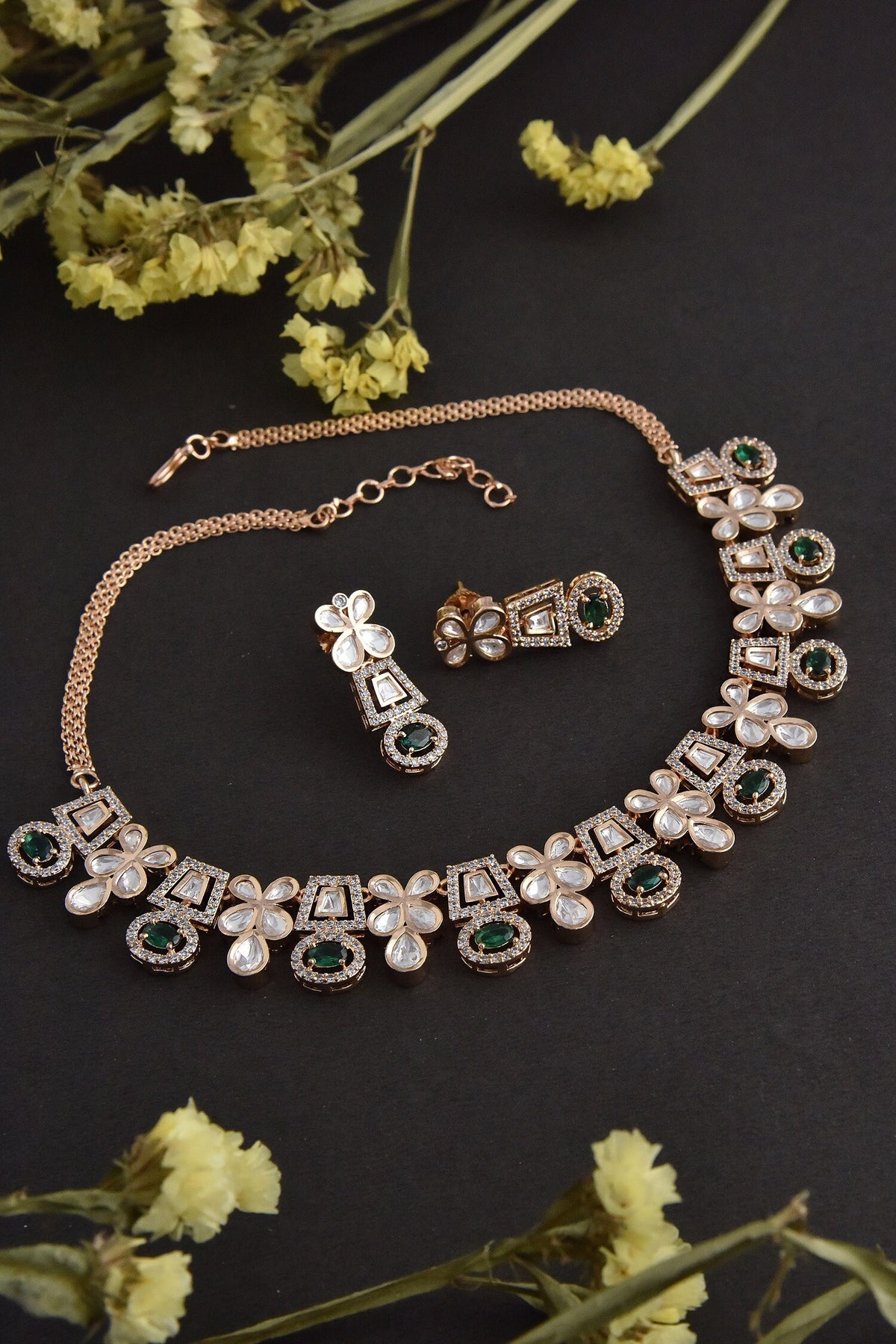 Uncut Polki Embellished Floral Necklace Set 