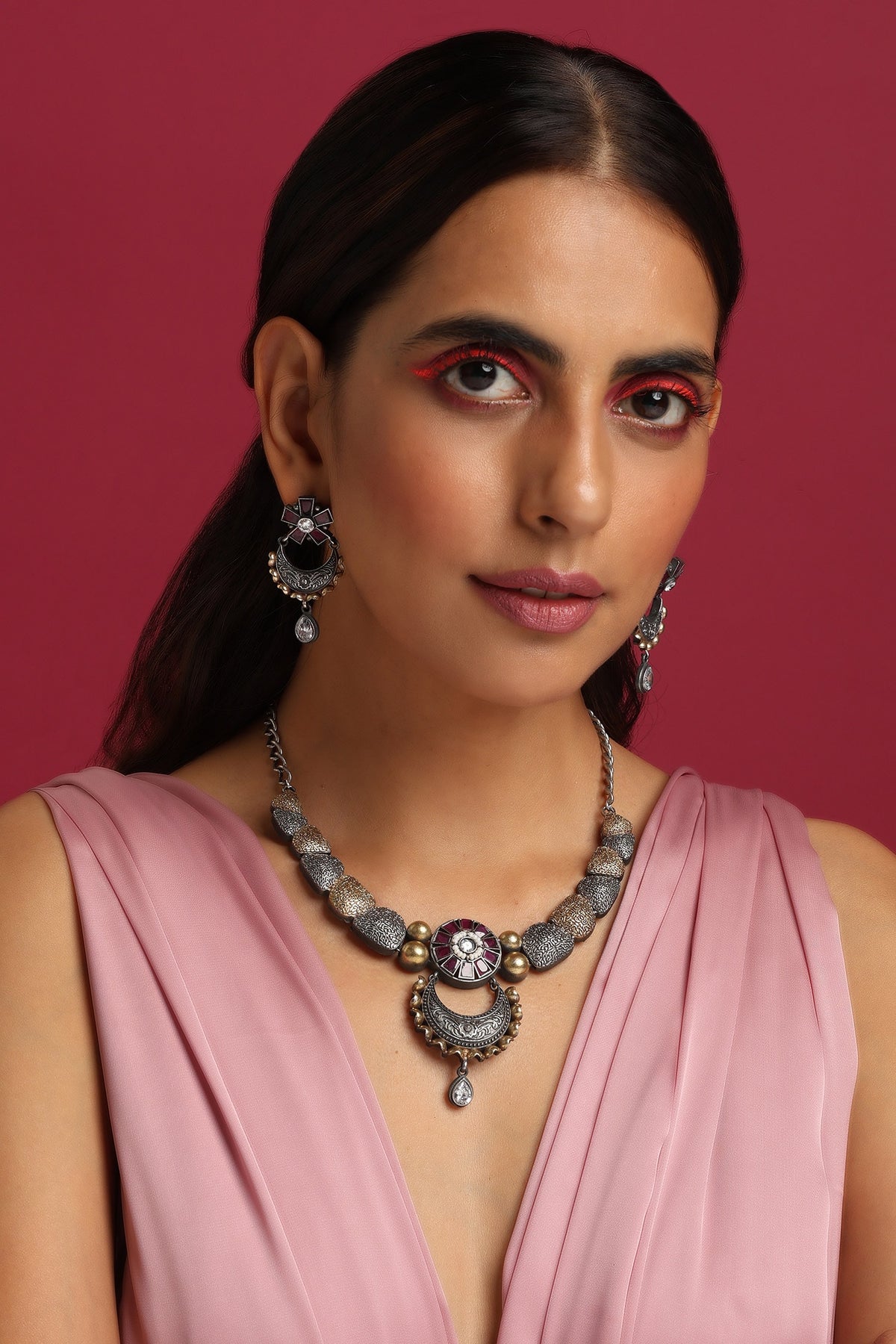 Two Tone Stone Embellished Necklace Set 