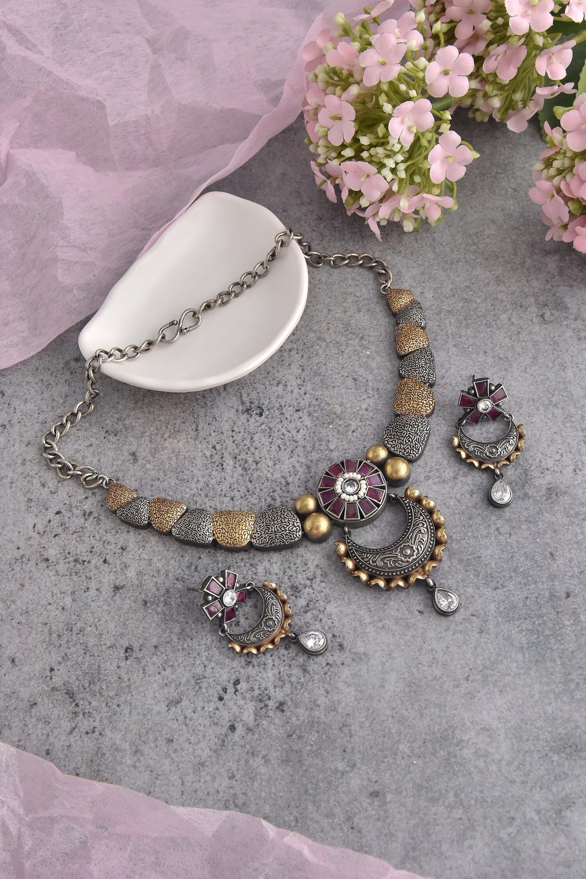 Two Tone Stone Embellished Necklace Set 
