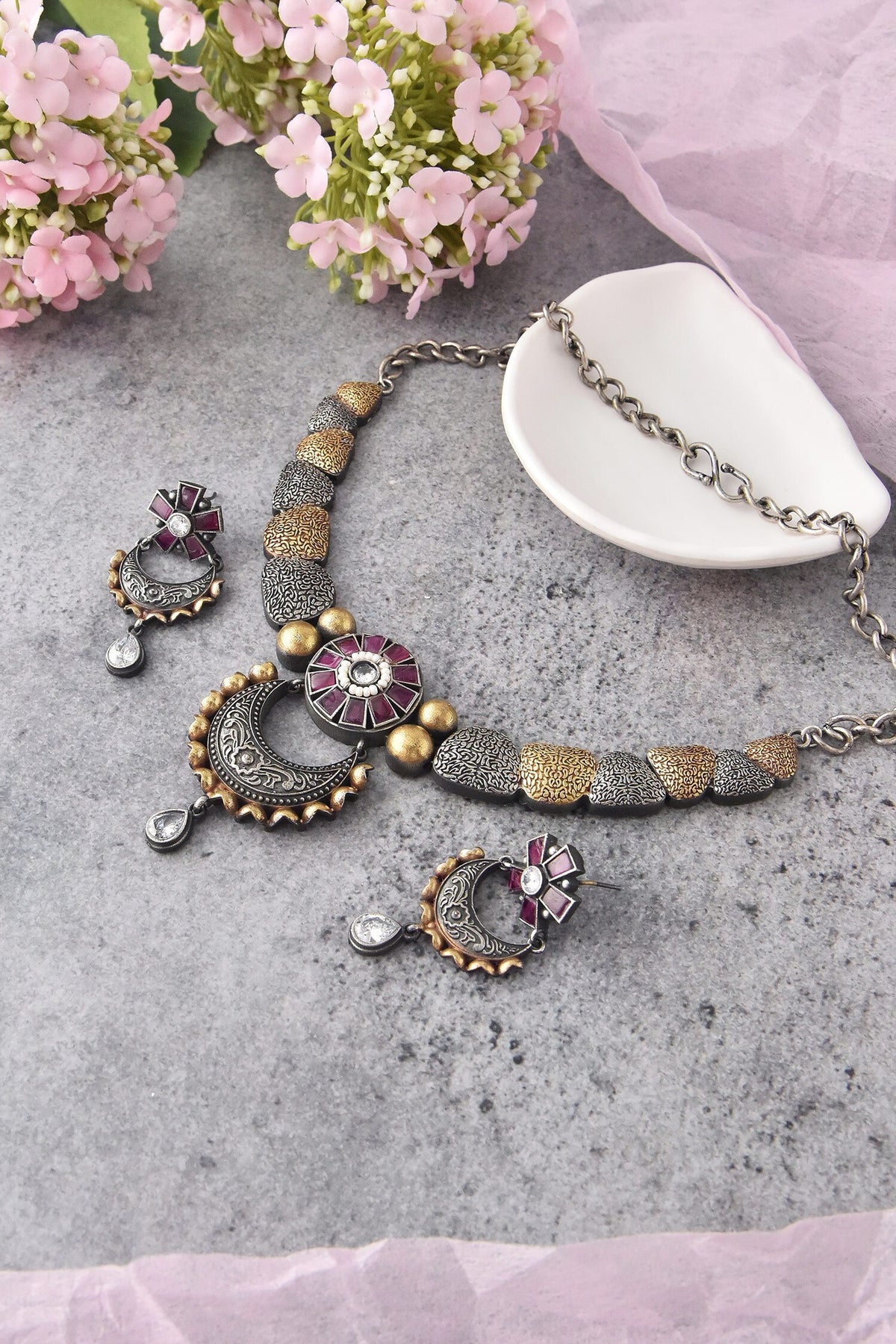 Two Tone Stone Embellished Necklace Set 