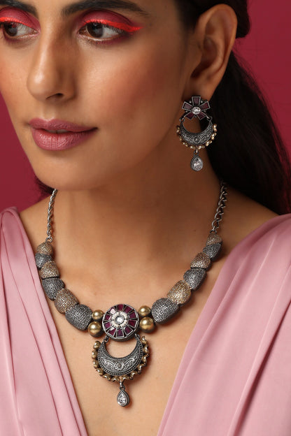 Two Tone Stone Embellished Necklace Set 