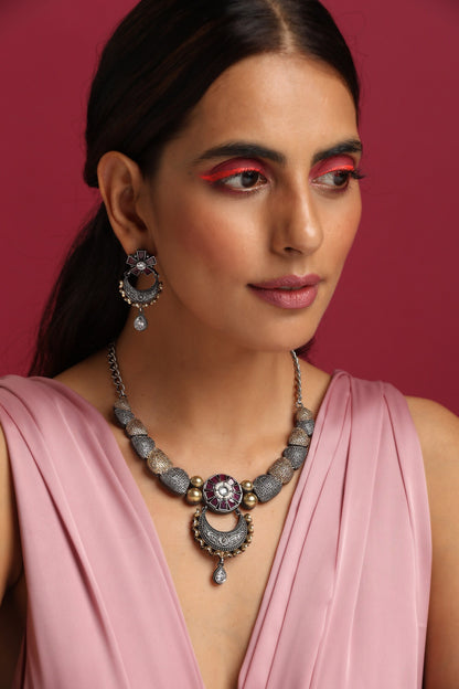 Two Tone Stone Embellished Necklace Set 