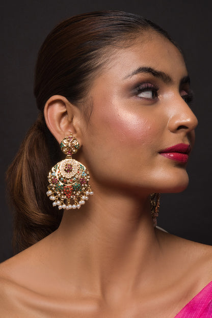 Navratan Jadau Stone Embellished Chandbali Earrings 