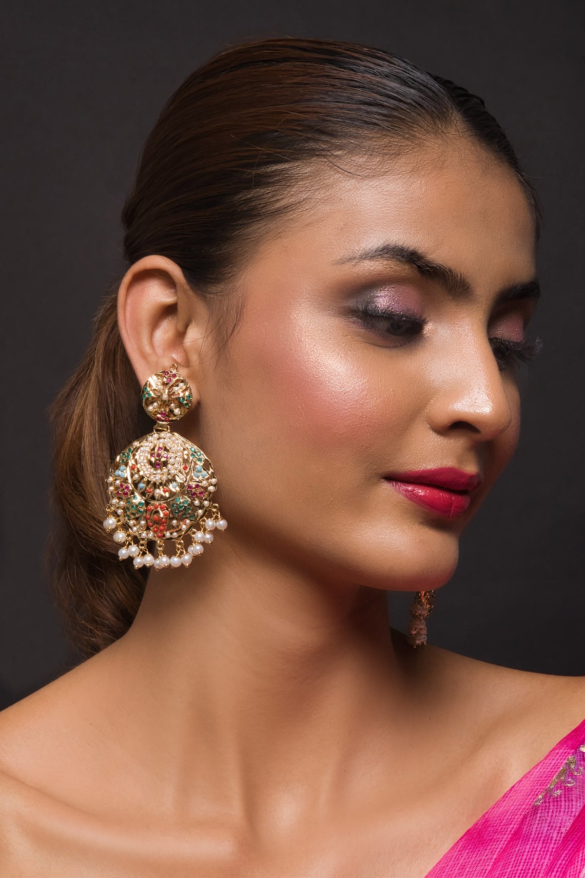 Navratan Jadau Stone Embellished Chandbali Earrings 
