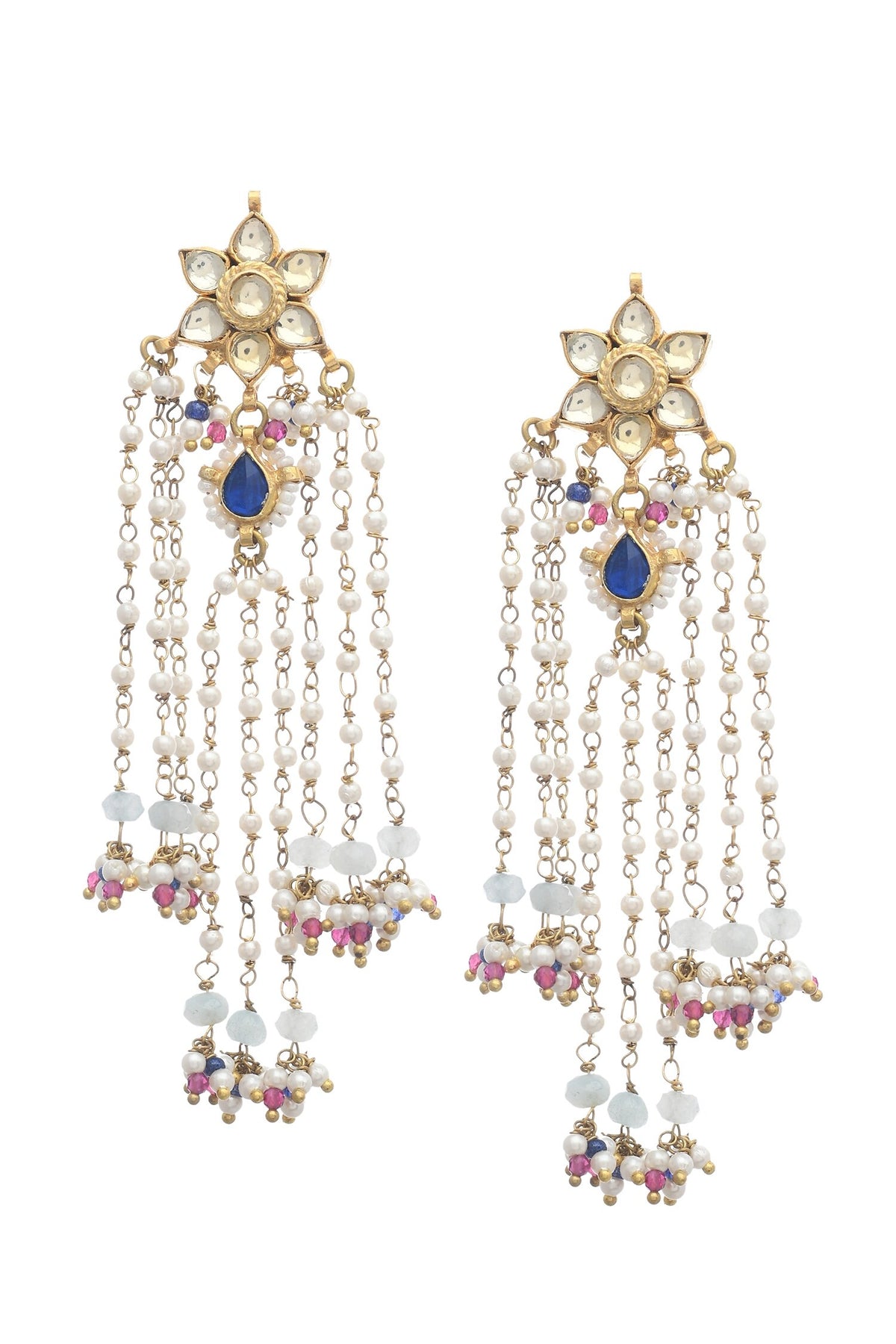 Gold Jadau Pearls & Beads Dangler Earrings 