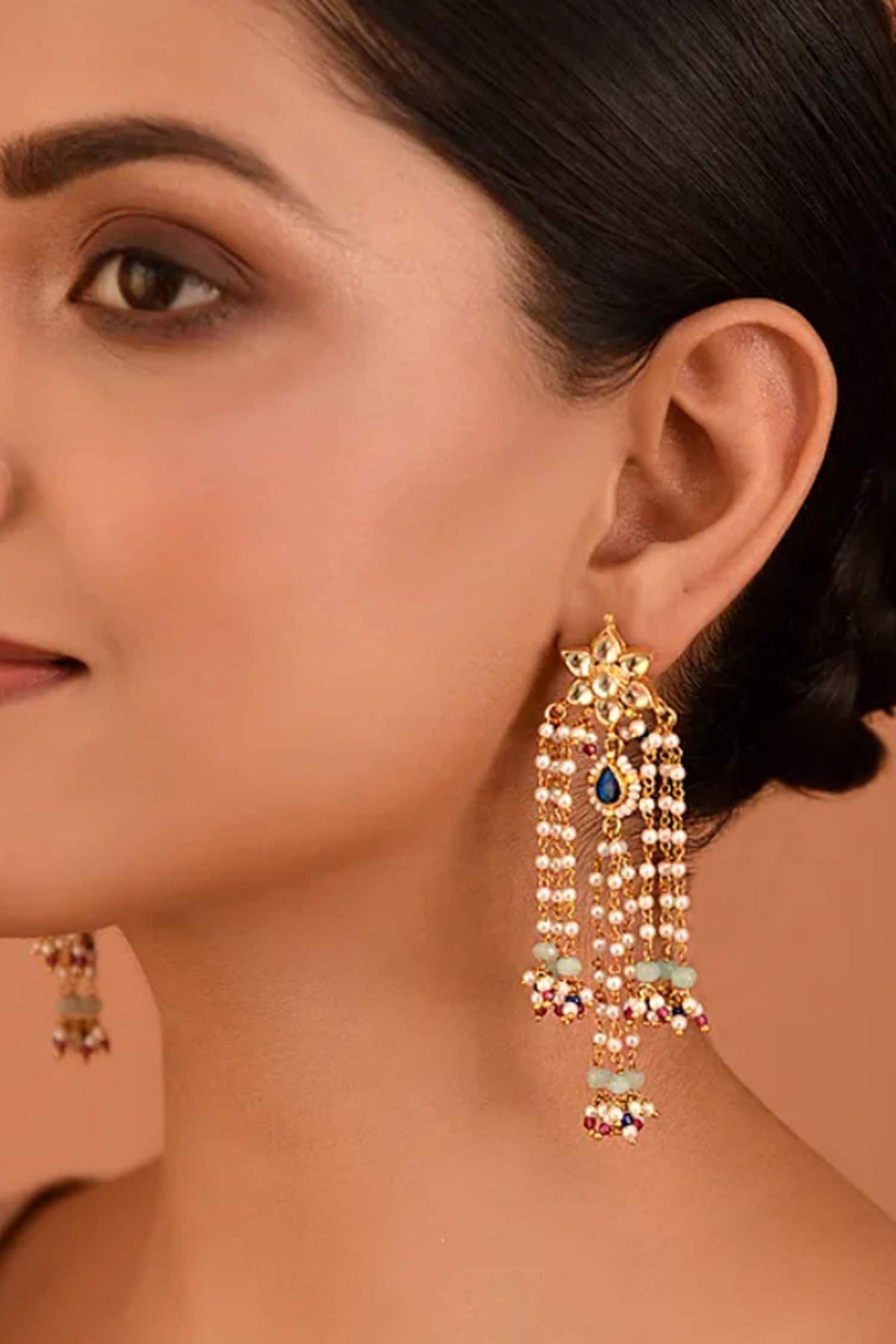 Gold Jadau Pearls & Beads Dangler Earrings 