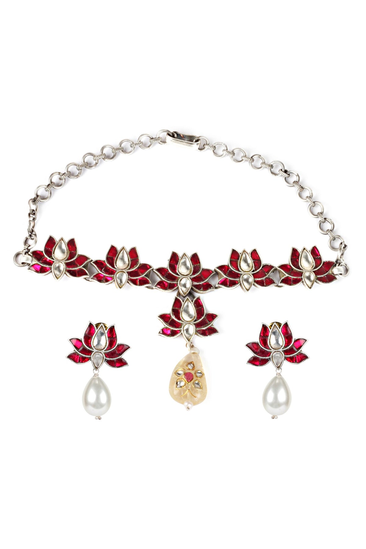 Lotus Embellished Pendant Choker Set 