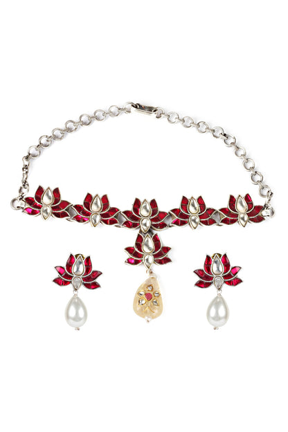 Lotus Embellished Pendant Choker Set 