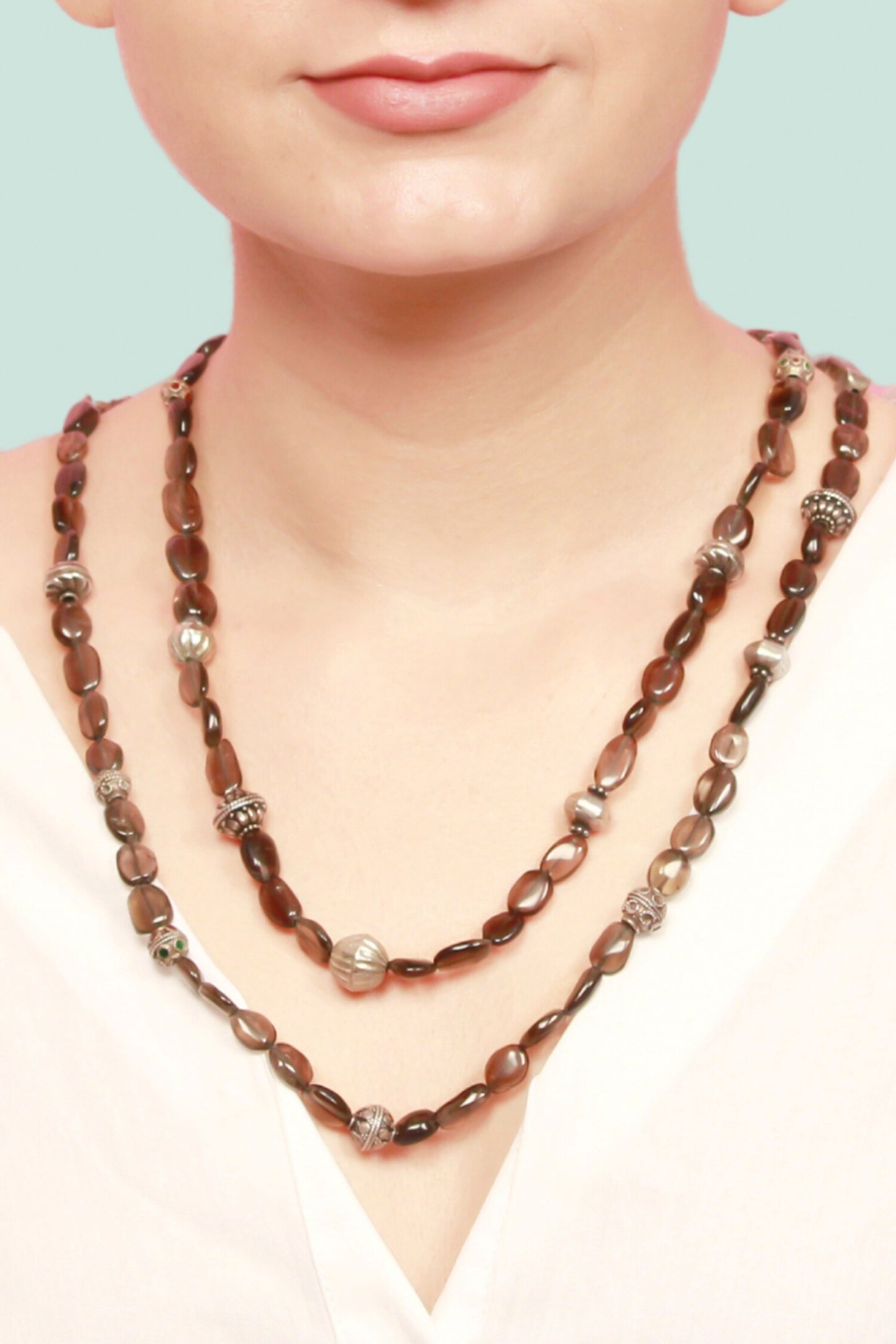 Smoky Stone Embellished Double Layered Necklace 