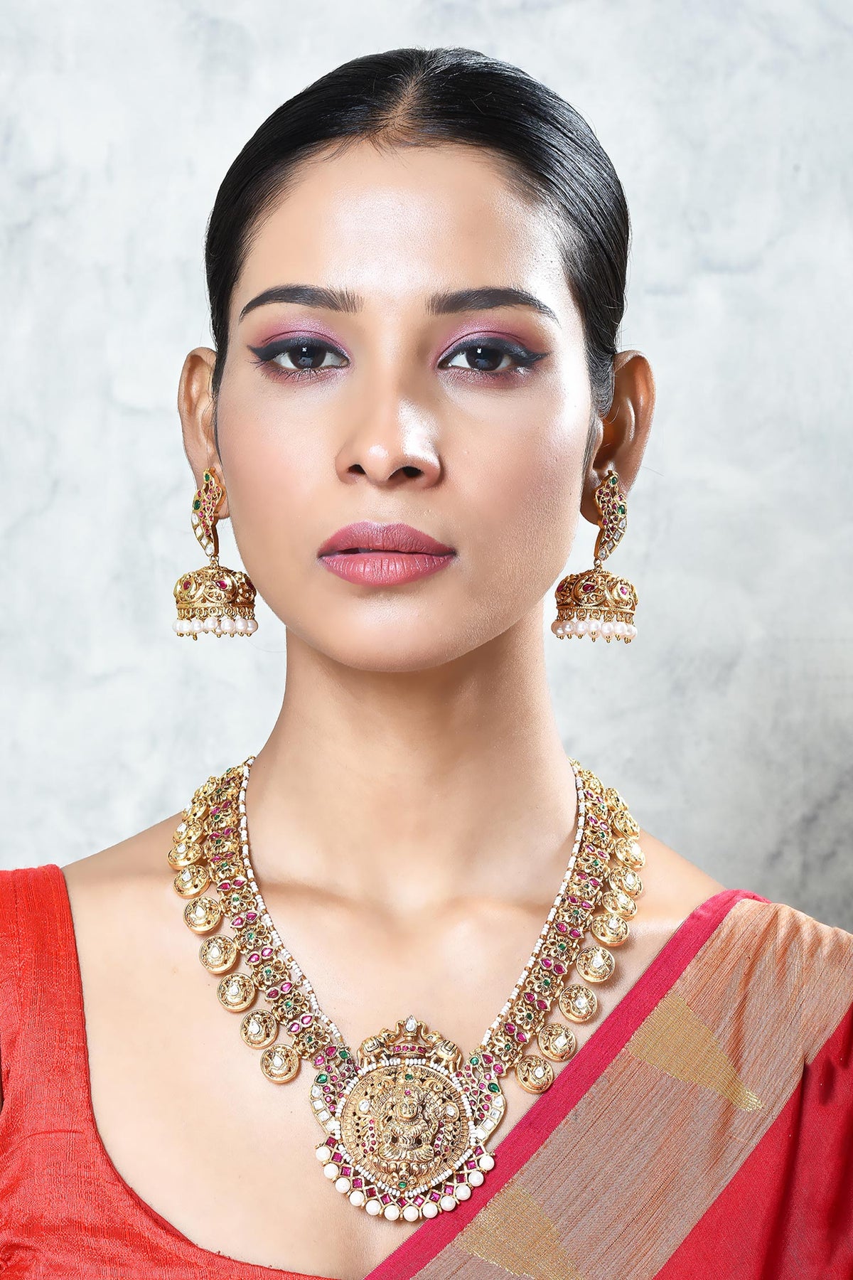 Stone Embellished Temple Pendant Set 