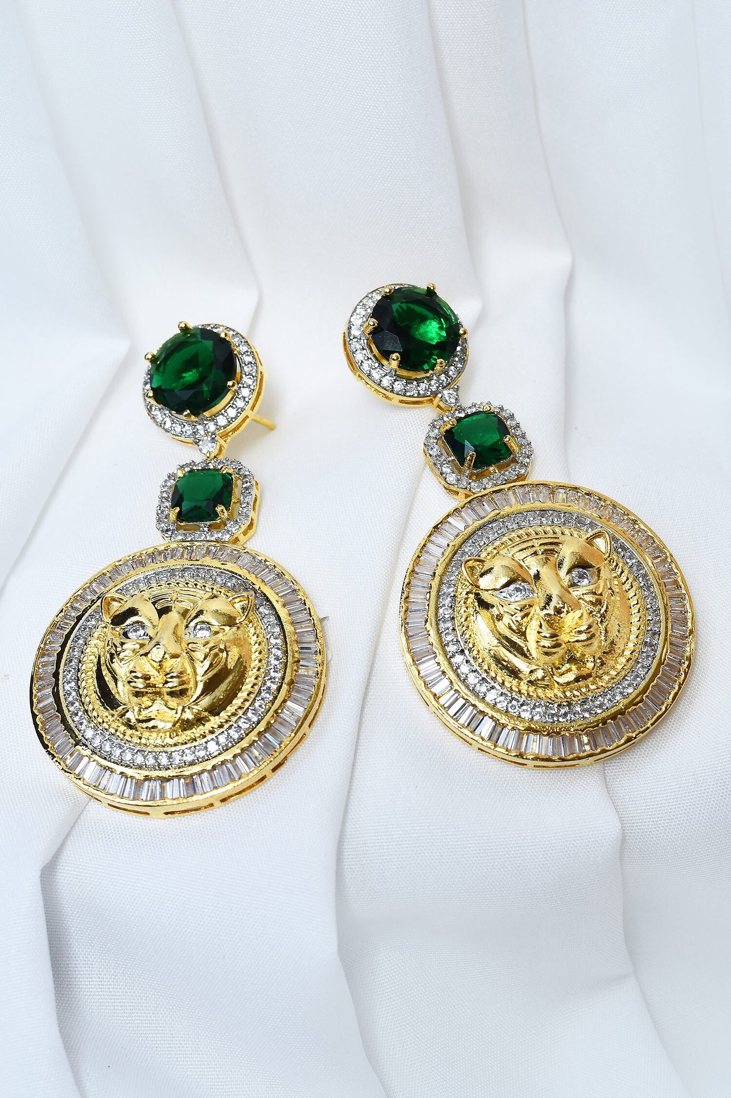 Carved Lion Pattern Stone Embellished Earrings 