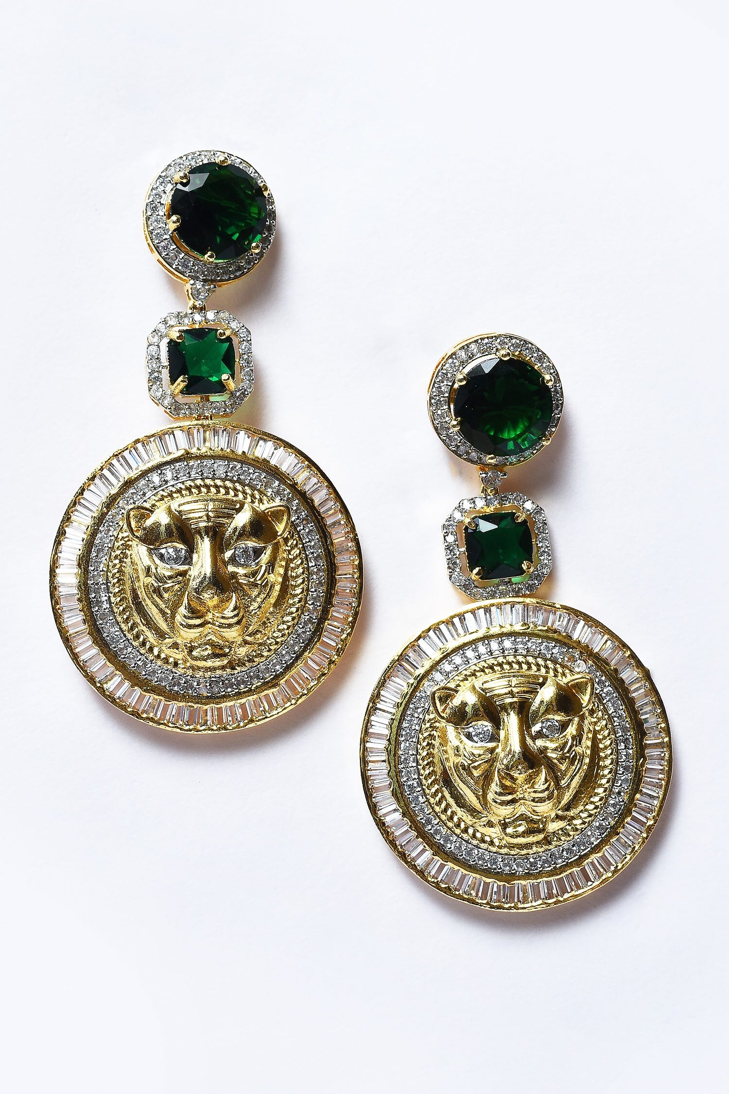 Carved Lion Pattern Stone Embellished Earrings 