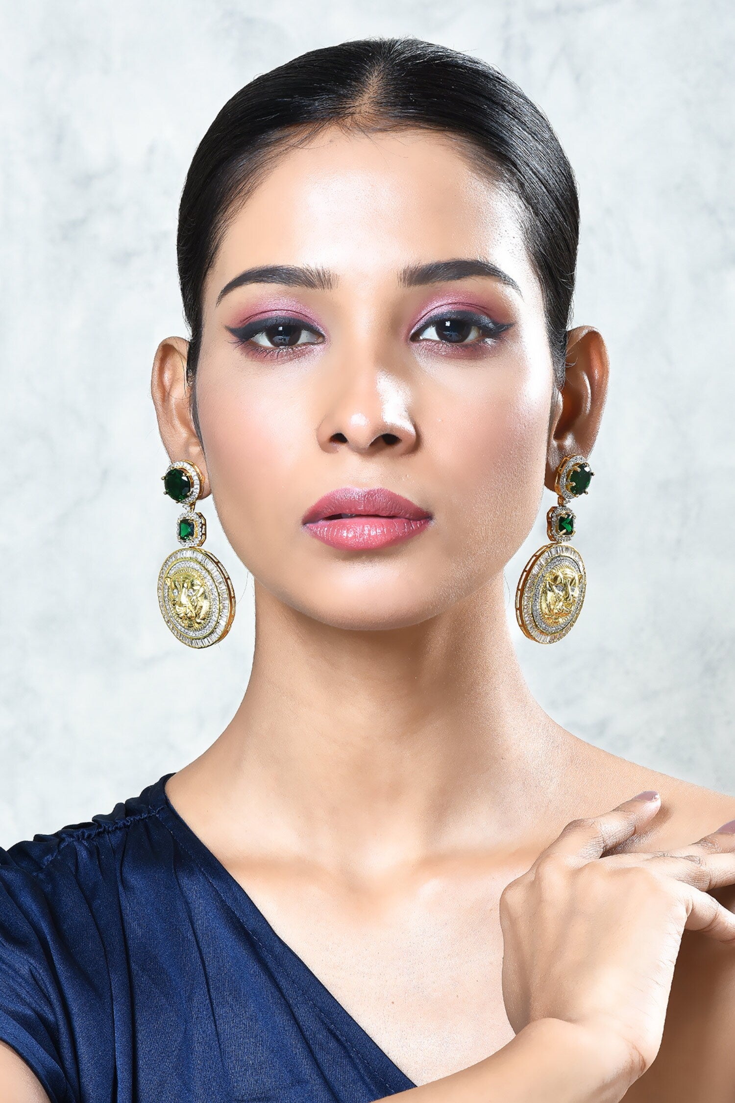 Carved Lion Pattern Stone Embellished Earrings 
