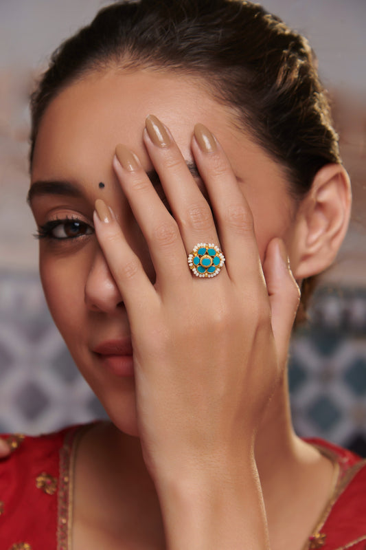 Flower Kundan Ring with Shell Pearls 