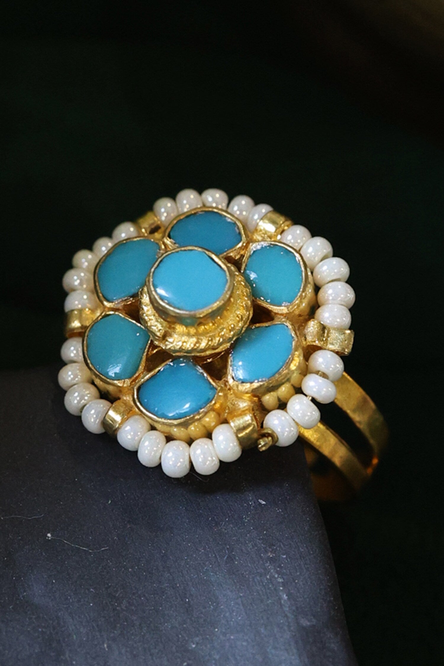 Flower Kundan Ring with Shell Pearls 