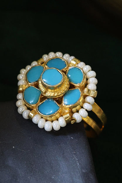 Flower Kundan Ring with Shell Pearls 
