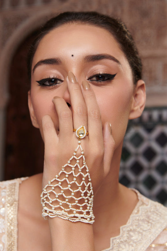 Gold Plated Pearl Kundan Hathphool 