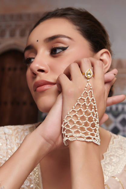 Gold Plated Pearl Kundan Hathphool 
