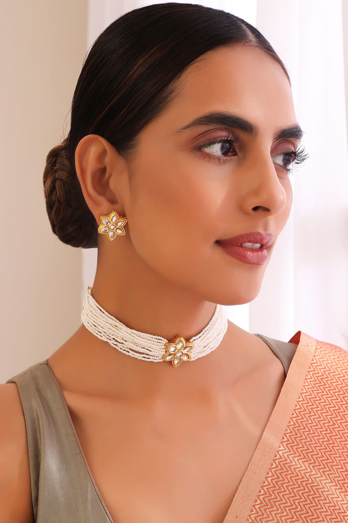 Kundan & Pearl Embellished Choker Necklace Set 