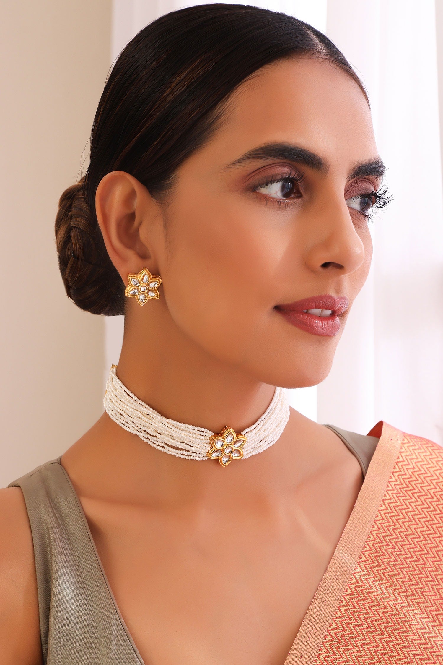 Kundan & Pearl Embellished Choker Necklace Set 