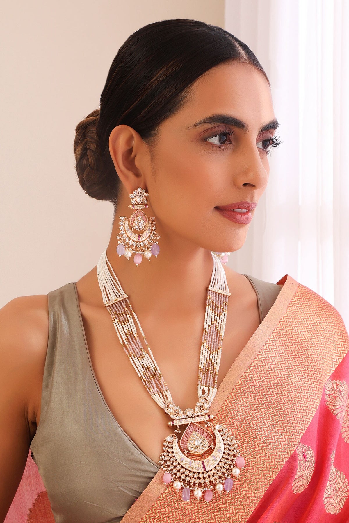 Stone Embellished Long Pendant Necklace Set 