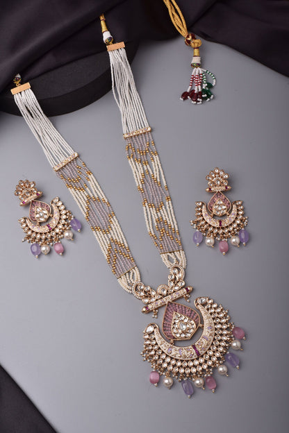 Stone Embellished Long Pendant Necklace Set 