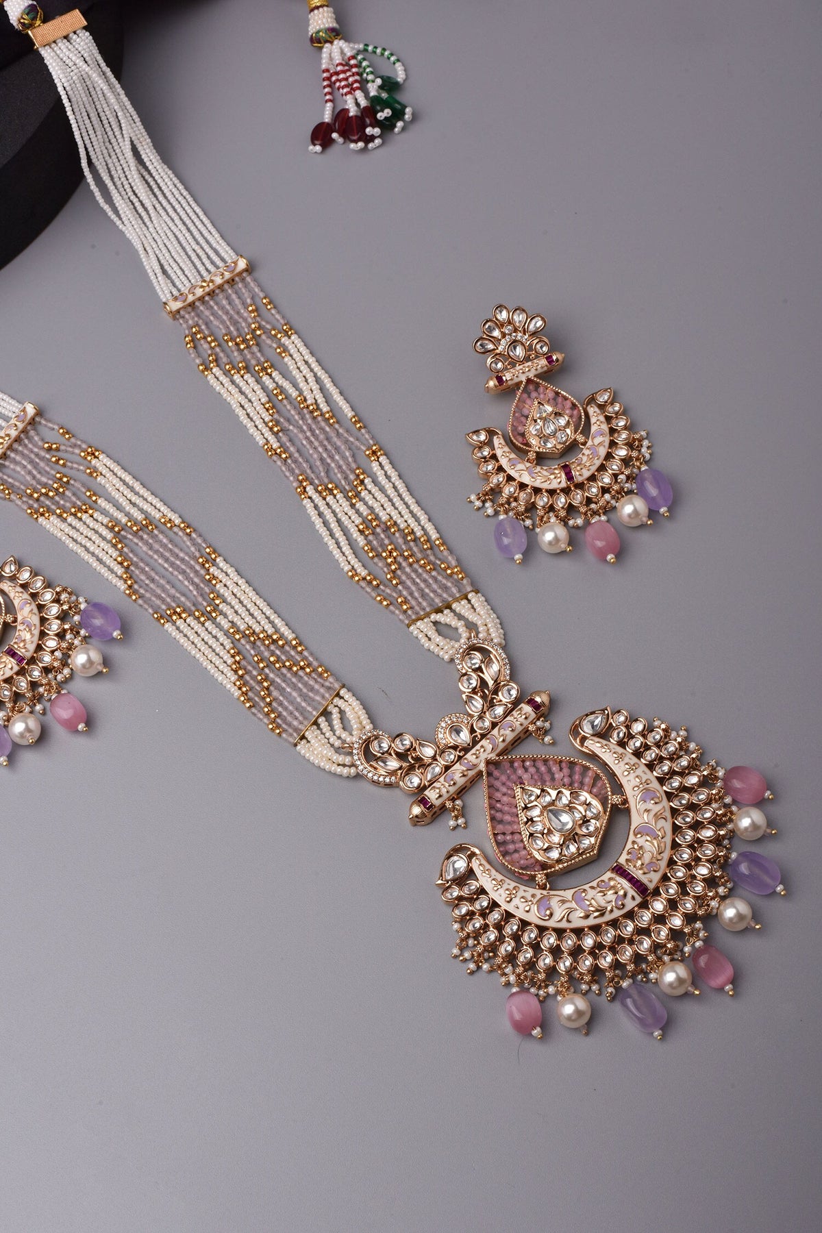 Stone Embellished Long Pendant Necklace Set 