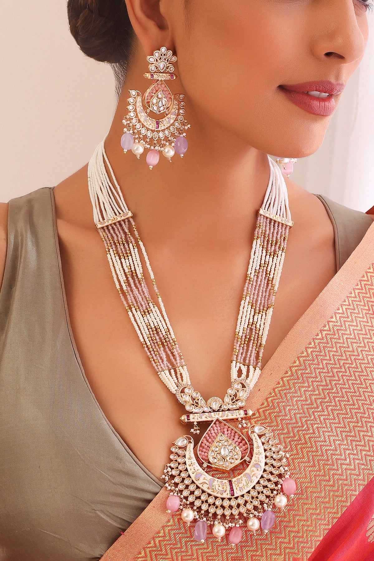 Stone Embellished Long Pendant Necklace Set 