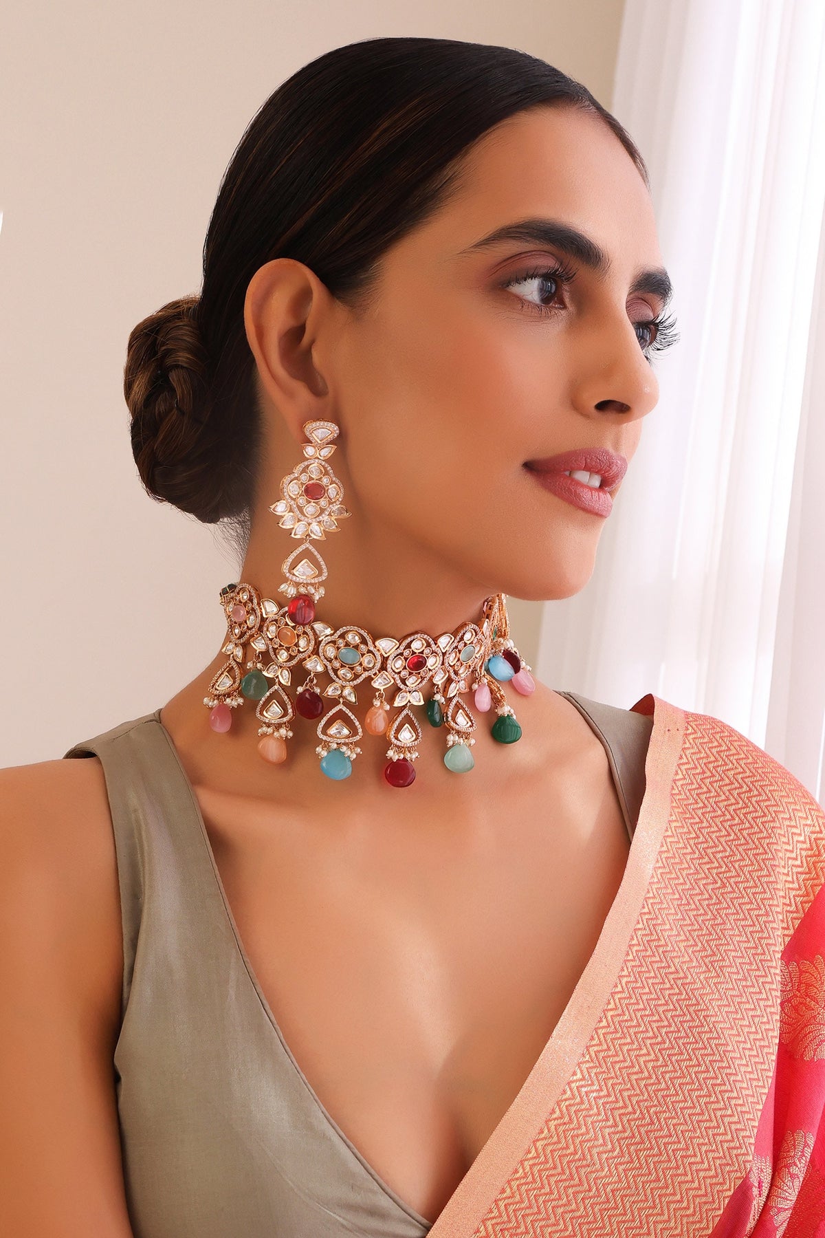 Stone & Polki Embellished Choker Necklace Set 