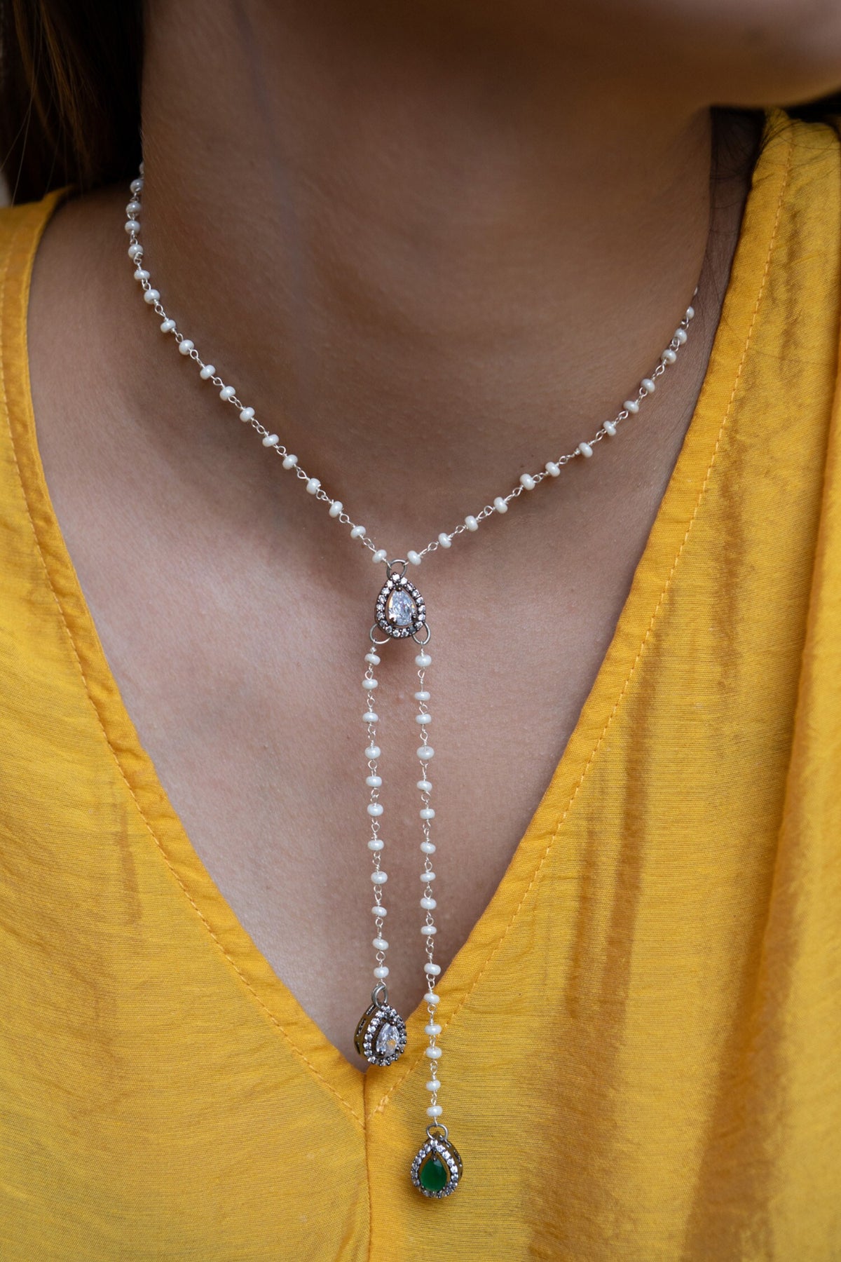 Faux Diamond Pearl String Necklace 