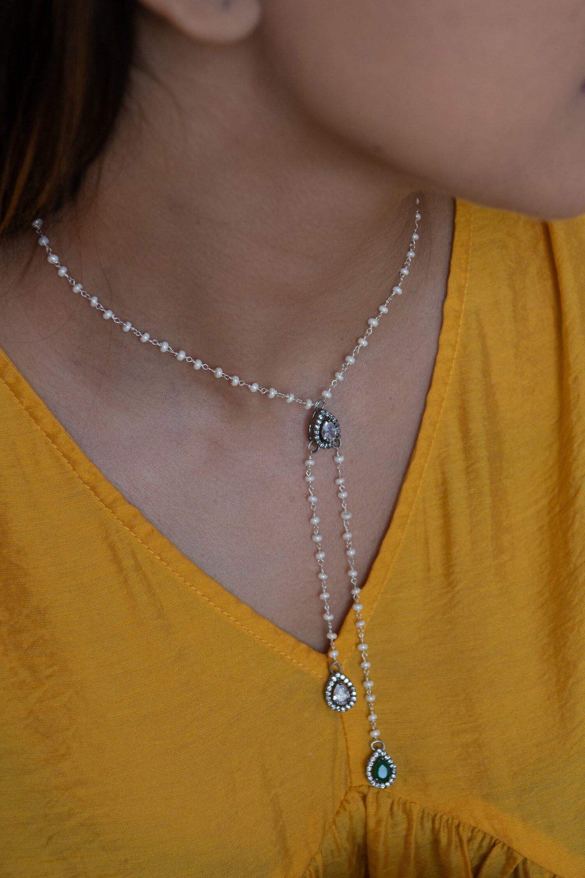 Faux Diamond Pearl String Necklace 