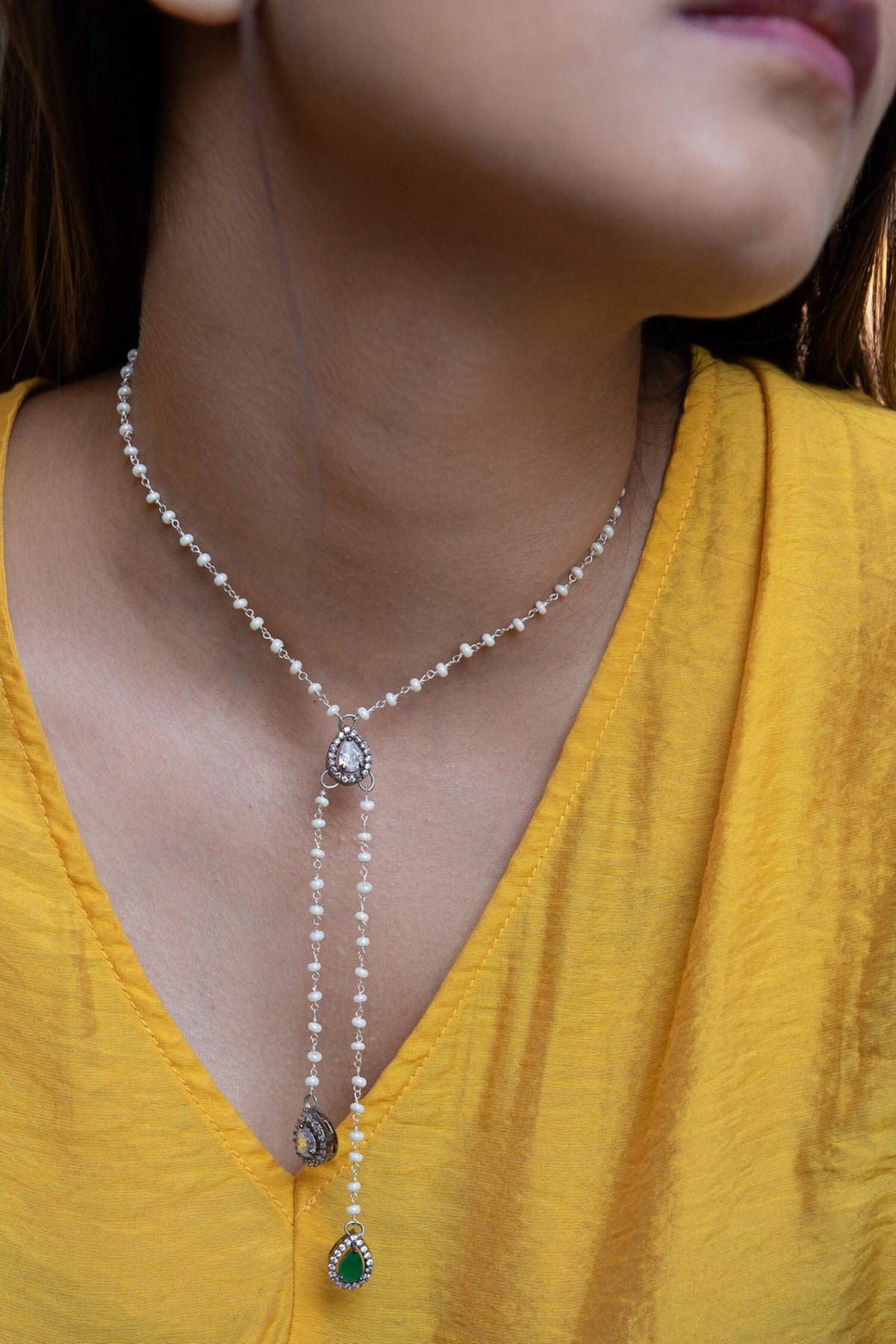 Faux Diamond Pearl String Necklace 
