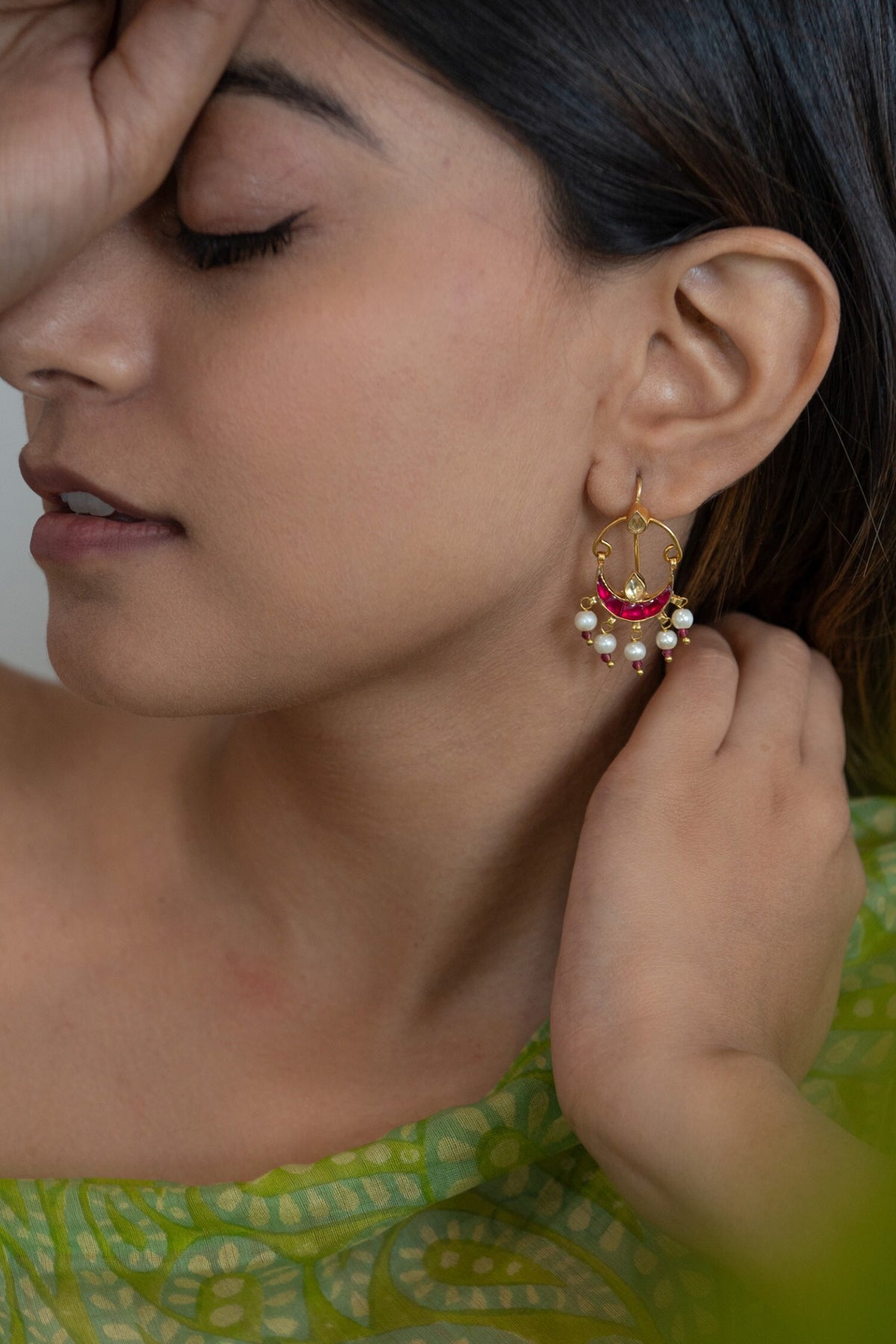 Kundan & Stone Embellished Crescent Earrings 