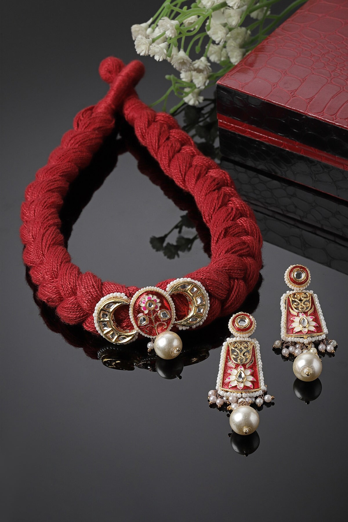 Crescent Shaped Hand Braided Pendant Choker Set 