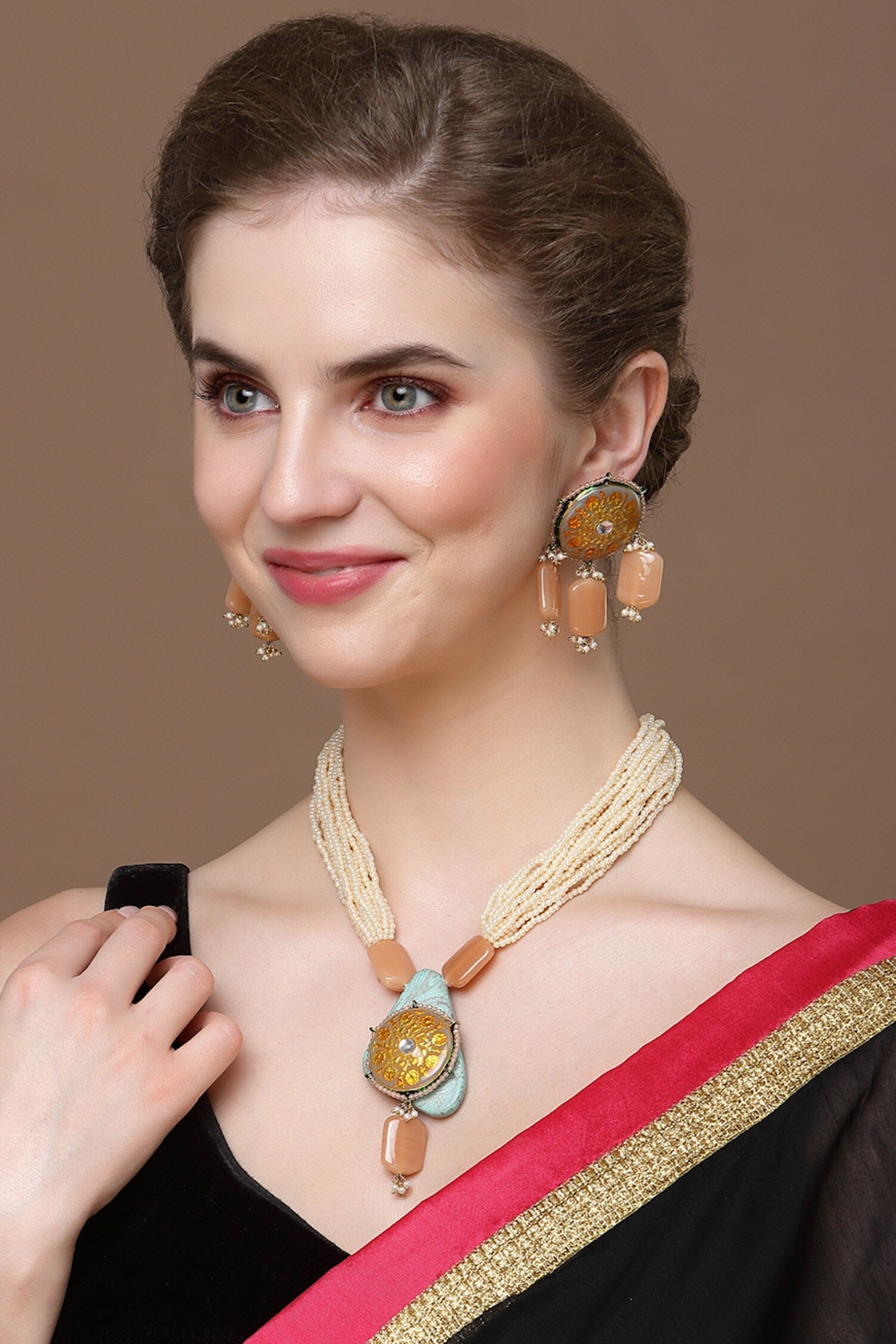 Stone Embellished Layered Pendant Necklace Set 