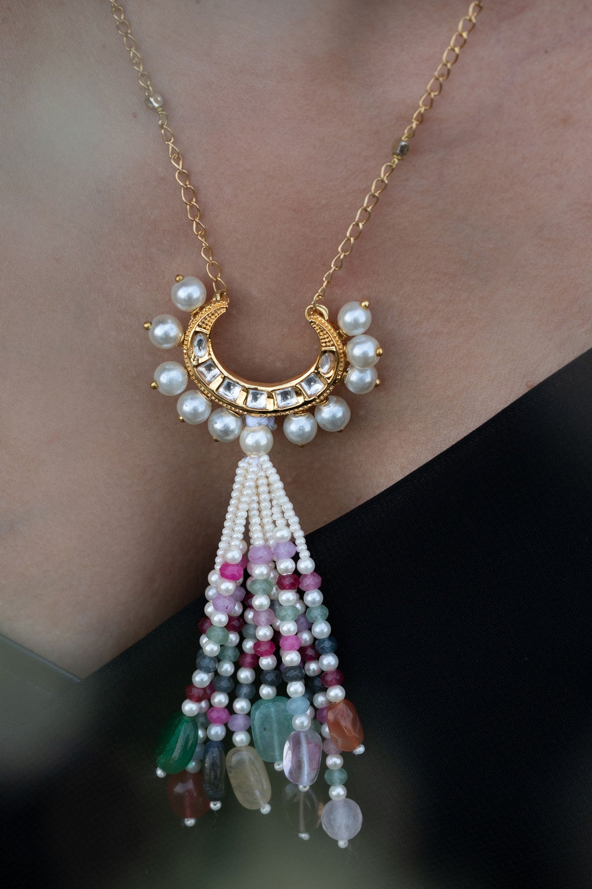 Half Moon Kundan Studded Pendant Necklace 