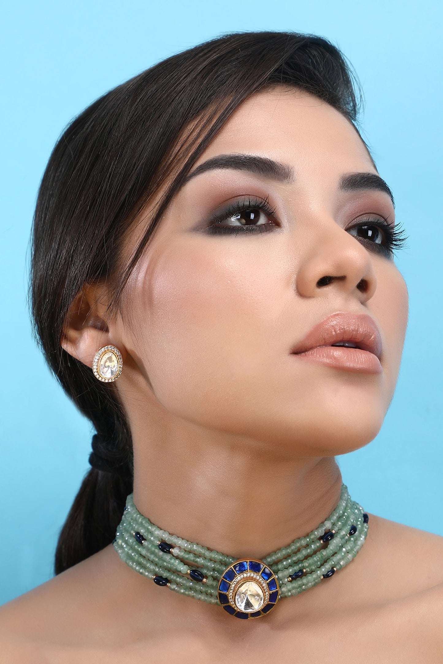 Bead Layered Embellished Pendant Choker Set 