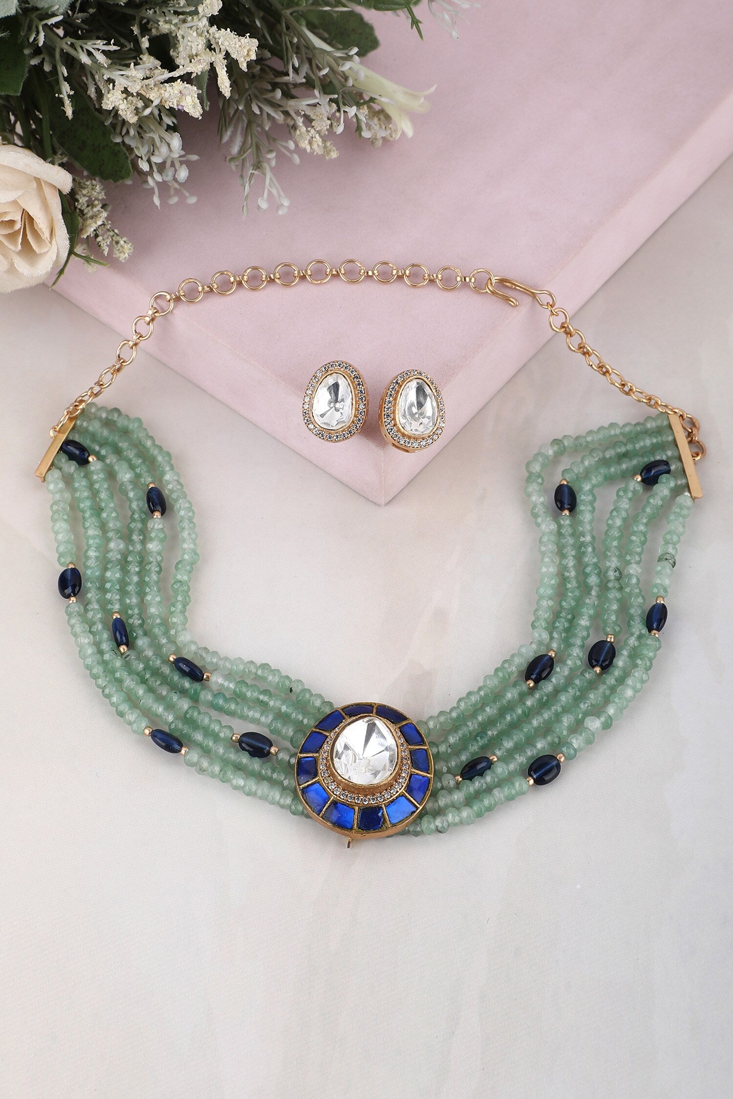 Bead Layered Embellished Pendant Choker Set 