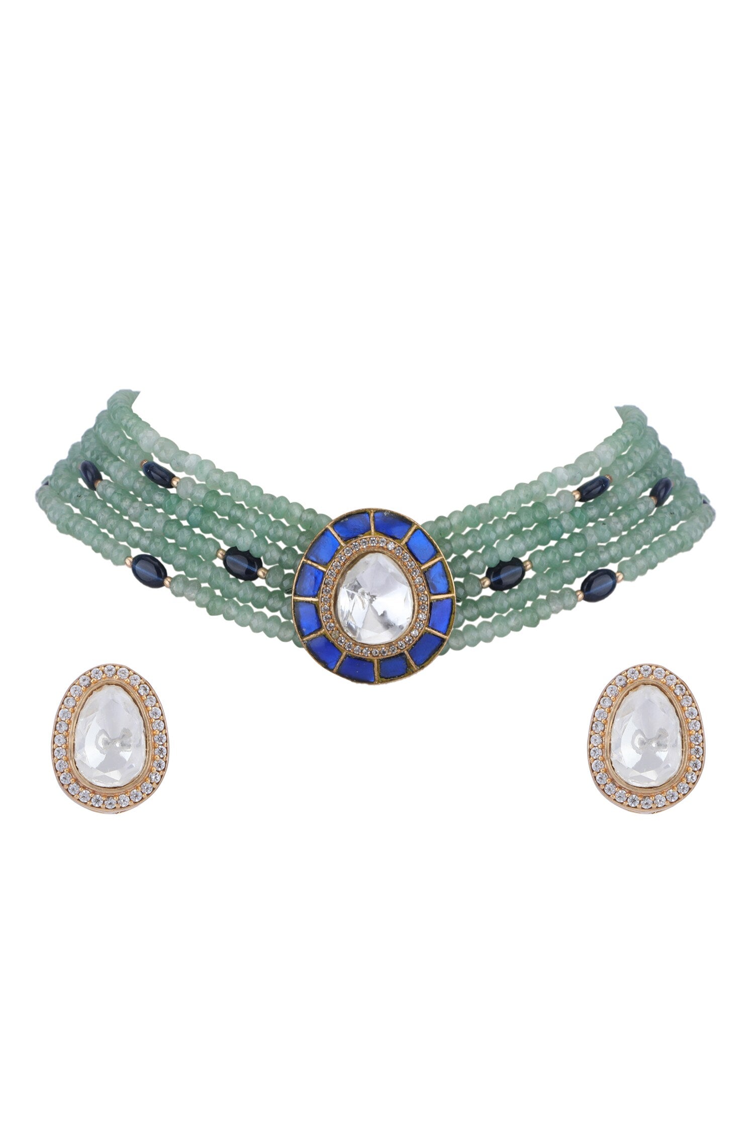 Bead Layered Embellished Pendant Choker Set 