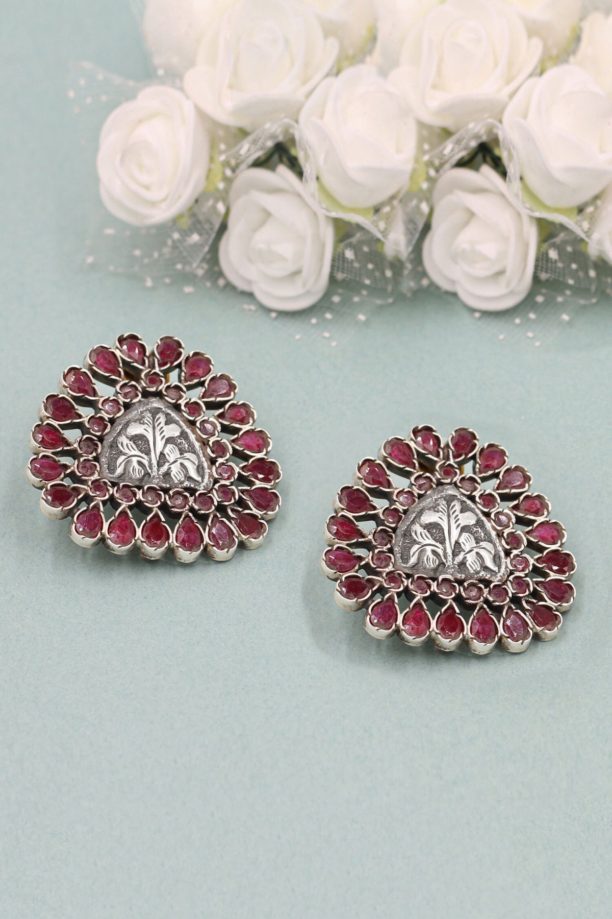 Ruby Stone Embellished Stud Earrings 