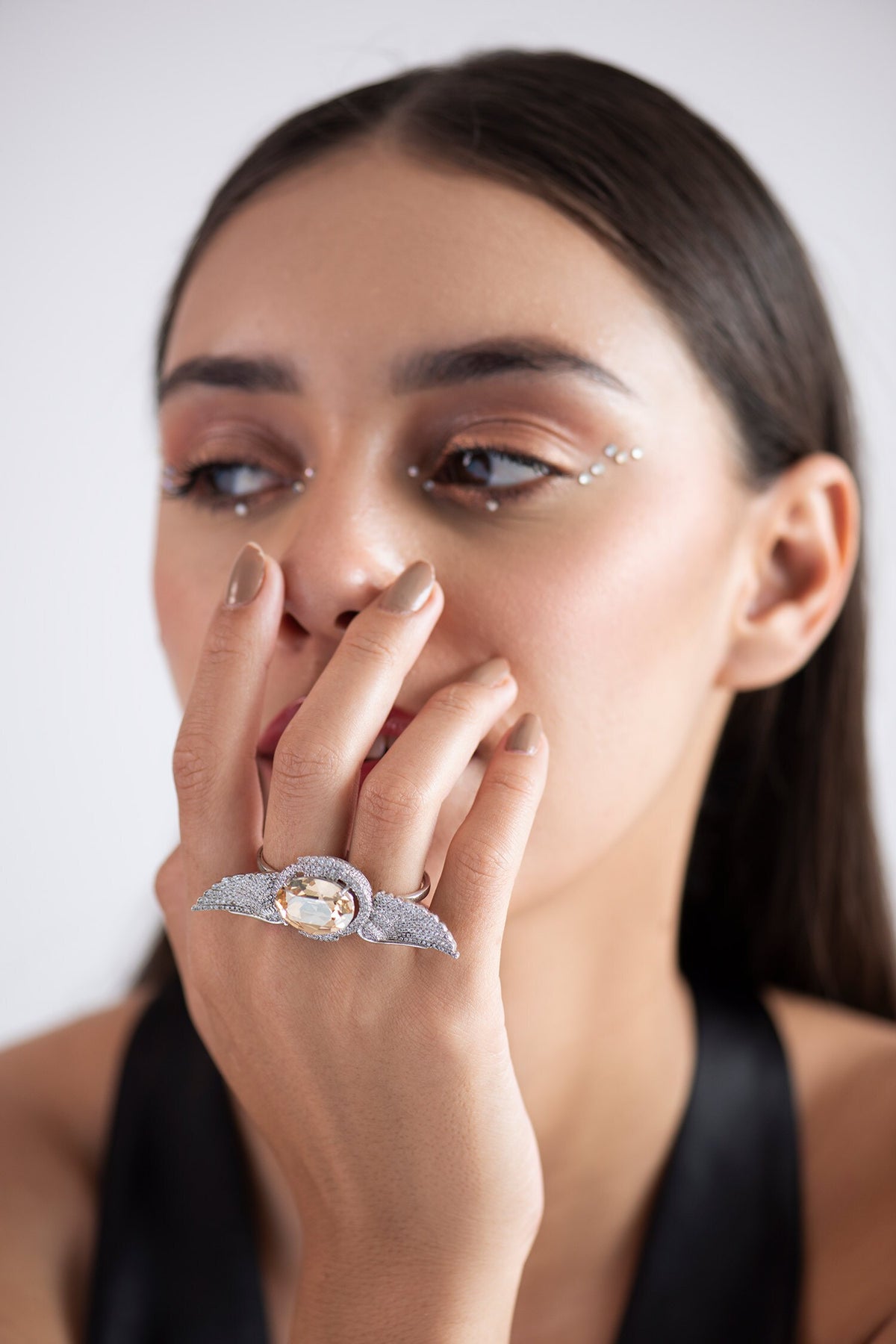 Stone Studded Angel Wings Ring 